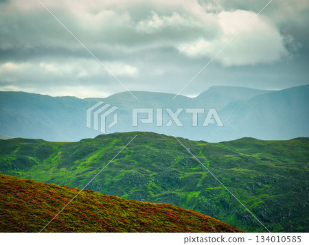 A serene view of a lush hillside leading to distant mountains. 134010585