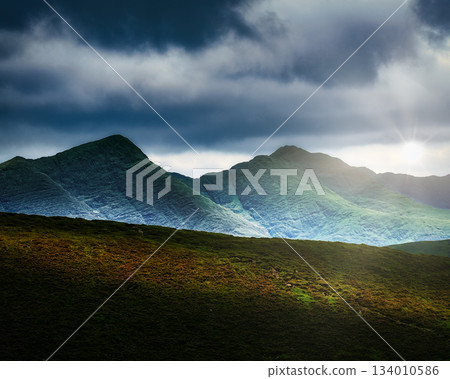 A striking panorama of the Irish countryside with varied greens. 134010586