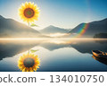 A fantastical world where a sunflower-shaped sun is reflected on the calm surface of a lake A fantastical world where a sunflower-shaped sun is reflected on the calm surface of a lake 134010750