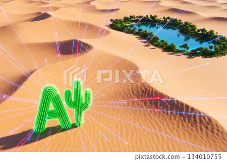 Desert oasis and AI-shaped cacti Desert oasis and AI-shaped cacti 134010755