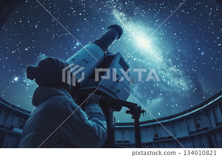 Comet in Telescope, scientist viewing interstellar comet through observatory telescope, nighttime observatory dome, awe and discovery, starry sky background, rule-of-thirds composition, moonlit cool Comet in Telescope, scientist viewing interstellar comet through observatory telescope, nighttime observatory dome, awe and discovery, starry sky background, rule-of-thirds composition, moonlit cool 134010821