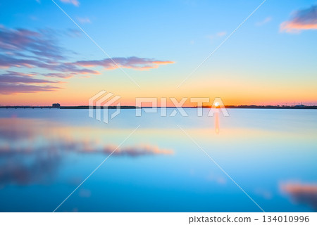 The sun rising over the sea of birds and a colorful, silent dawn The sun rising over the sea of birds and a colorful, silent dawn 134010996