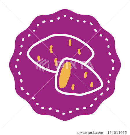 標籤貼紙材料，紫色圓形背景，印有地瓜和烤地瓜圖案。 134011035
