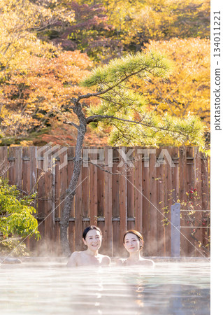 Open-air bath, middle-aged woman, bathing, inn, hot spring image 134011221
