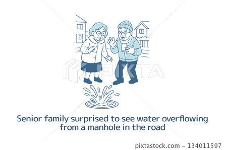 A senior couple walking their dog are surprised to see water overflowing from a manhole in the road 134011597