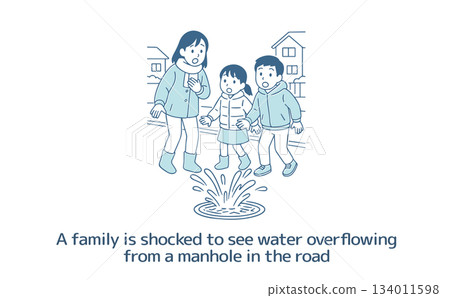 當一家人遛狗時，驚訝地發現路邊的井蓋裡溢出了水。 134011598