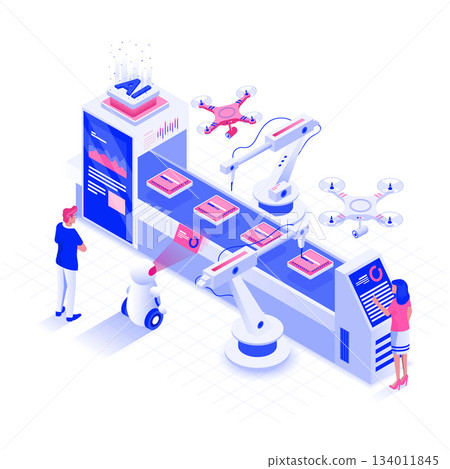 Flat color Modern Isometric Illustration design - Automated Industry 134011845