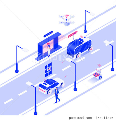 Flat color Modern Isometric Illustration design - Autonomous Vehicles Flat color Modern Isometric Illustration design - Autonomous Vehicles 134011846