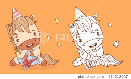 Happy cute Little Horse in Birthday Cap with Gift. Funny Holiday cartoon kawaii Pony animal. Outline and Color drawing. Coloring Book. Vector illustration. Symbol 2026 year to Eastern calendar. Not AI Happy cute Little Horse in Birthday Cap with Gift. Funny Holiday cartoon kawaii Pony animal. Outline and Color drawing. Coloring Book. Vector illustration. Symbol 2026 year to Eastern calendar. Not AI 134012007
