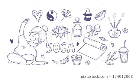 Yoga Wellness Doodles Set. Woman Meditation, Stretching, Practicing Pose, Mat, Lotus, Candle And Zen Accessories. Isolated Hand Drawn. Line Art. Vector Illustration. Not AI Yoga Wellness Doodles Set. Woman Meditation, Stretching, Practicing Pose, Mat, Lotus, Candle And Zen Accessories. Isolated Hand Drawn. Line Art. Vector Illustration. Not AI 134012008