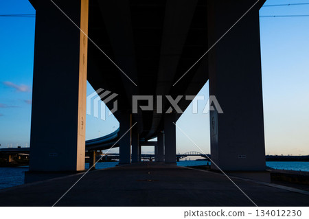 Expressway and embankment under the blue sky, highway construct, light and shadow of the highway Expressway and embankment under the blue sky, highway construct, light and shadow of the highway 134012230