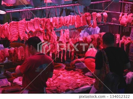 Pork sold at a butcher shop in the Hong Kong market. Higher and more expensive than beef and chicken. Chinese love pork Pork sold at a butcher shop in the Hong Kong market. Higher and more expensive than beef and chicken. Chinese love pork 134012322