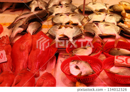 Fish sold at a market in North Point of Hong Kong Island. Many fish are unfamiliar in Japan Fish sold at a market in North Point of Hong Kong Island. Many fish are unfamiliar in Japan 134012326