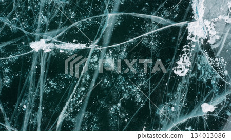 Aerial top view of frozen Lake Baikal 134013086