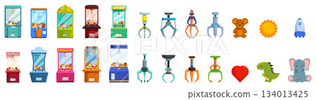 Claw machine game icon set. Claw crane machines and prizes catching toys in arcade setting 134013425