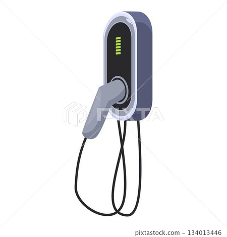 Electric vehicle charger displaying charging status on white background Electric vehicle charger displaying charging status on white background 134013446
