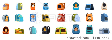 Backpack pet icons set. Set of cat and dog carrier backpacks for traveling with pets Backpack pet icons set. Set of cat and dog carrier backpacks for traveling with pets 134013447