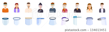 Plastic face shield icons set. People of different professions and races wearing medical face shield for protection 134013451