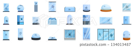 Broken glass showcase icon set. Broken glass collection showing different shapes and sizes of cracks Broken glass showcase icon set. Broken glass collection showing different shapes and sizes of cracks 134013487