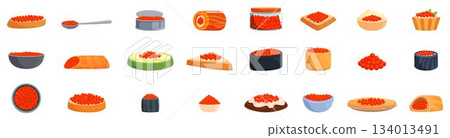 Red caviar icon set. Red caviar collection, delicious seafood delicacy in various culinary applications Red caviar icon set. Red caviar collection, delicious seafood delicacy in various culinary applications 134013491