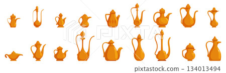 Old arabic teapot icons set. Collection of various shaped golden arabian coffee pots and magic lamps Old arabic teapot icons set. Collection of various shaped golden arabian coffee pots and magic lamps 134013494