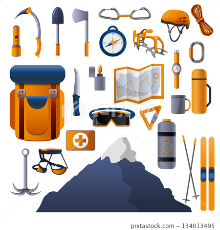 Climbing equipment icon set, cartoon style Climbing equipment icon set, cartoon style 134013495