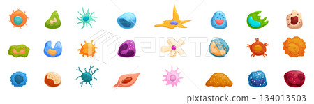 Immune system cells icons set. Set of various cells with different shapes and colors representing human biology Immune system cells icons set. Set of various cells with different shapes and colors representing human biology 134013503