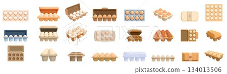 Egg package icons set. Collection of empty, half full and full egg boxes made of cardboard and plastic 134013506