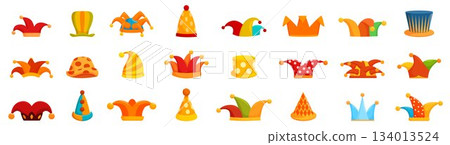 Clown hat icon set. Colorful jester hats and crowns creating a festive atmosphere Clown hat icon set. Colorful jester hats and crowns creating a festive atmosphere 134013524