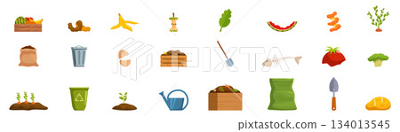 Composting icons set. Composting organic waste for sustainable agriculture and gardening promoting eco friendly practices 134013545
