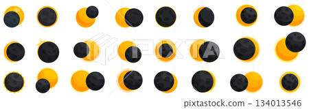 Solar eclipse icons set. Solar eclipse phases with moon covering sun icons set cartoon style Solar eclipse icons set. Solar eclipse phases with moon covering sun icons set cartoon style 134013546