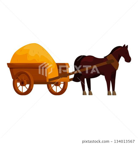 Brown horse pulling wooden cart with hay bale, farm animal working Brown horse pulling wooden cart with hay bale, farm animal working 134013567