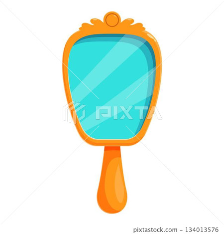 Antique hand mirror reflecting light blue background 134013576