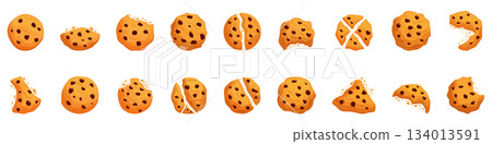 Chocolate chip cookie icons set. Set of chocolate chips cookies showing different stages of being eaten Chocolate chip cookie icons set. Set of chocolate chips cookies showing different stages of being eaten 134013591