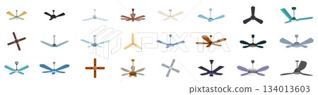 Ceiling fan icons set. Set of different ceiling fans rotating for cooling air in the room 134013603