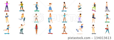 Girl skateboard icons set. Large set of young men and women skateboarding on different skateboards Girl skateboard icons set. Large set of young men and women skateboarding on different skateboards 134013613