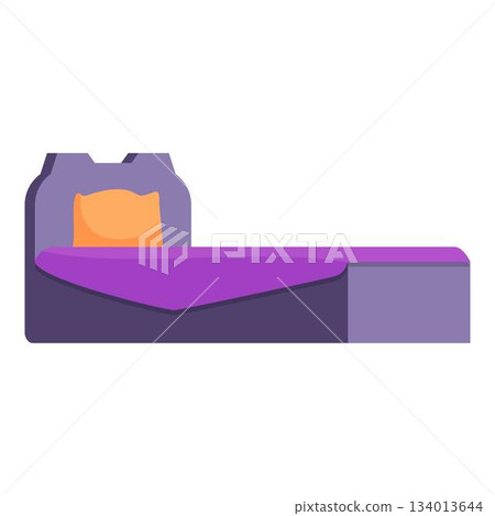 Comfortable bed with purple blanket and orange pillow inviting restful sleep Comfortable bed with purple blanket and orange pillow inviting restful sleep 134013644