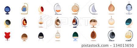 Egg chair icons set. Collection of modern hanging and standing egg shape armchairs Egg chair icons set. Collection of modern hanging and standing egg shape armchairs 134013650