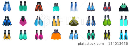 Scuba flippers icons set. Colorful diving fins for underwater exploration and snorkeling adventures 134013656