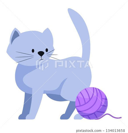 Cute blue cat playing with purple yarn ball Cute blue cat playing with purple yarn ball 134013658