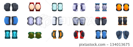 Knee pads icons set. Set of knee pads for extreme sports and work safety in different designs providing knee protection Knee pads icons set. Set of knee pads for extreme sports and work safety in different designs providing knee protection 134013675