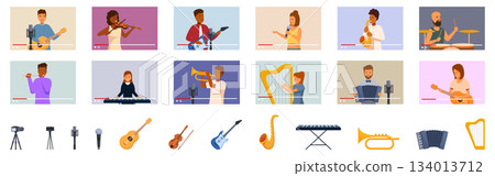Blogger musician icons set. Musicians playing instruments and recording music online using streaming platform 134013712