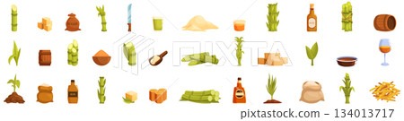 Sugarcane icons set. Sugarcane farming and production process showing plant to final product 134013717