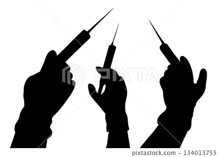 Vector isolated illustration of a set of injections. A man's hand in a glove holds a syringe. 134013755