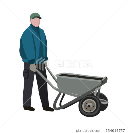 Vector isolated illustration of a man with a work cart. Male farmer. Vector isolated illustration of a man with a work cart. Male farmer. 134013757