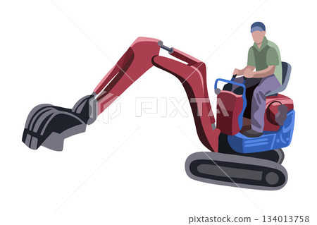 Vector isolated illustration of a micro excavator. A male worker is working behind the wheel of a micro excavator. Vector isolated illustration of a micro excavator. A male worker is working behind the wheel of a micro excavator. 134013758