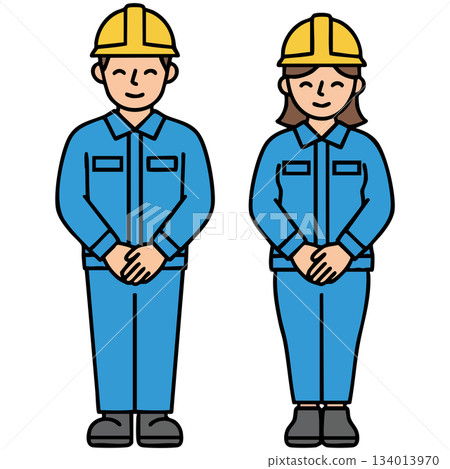 圖片描繪了身穿藍色工作服、頭戴安全帽的工人靜靜地鞠躬，營造出一種充滿希望與和諧的溫馨氛圍。 134013970