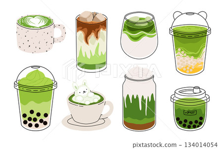Set of Japan matcha latte. Collection of matcha drinks with latte art heart, leaf, bear, rabbit. Green iced matcha latte in various cups. Vector Illustration, flat cartoon Icons. Set of Japan matcha latte. Collection of matcha drinks with latte art heart, leaf, bear, rabbit. Green iced matcha latte in various cups. Vector Illustration, flat cartoon Icons. 134014054