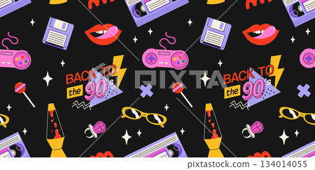 Classic 80s back to 90s elements in modern flat style. Hand drawn sticker set, vector seamless pattern. Fashion patch, badge, emblem with vintage accessories. Classic 80s back to 90s elements in modern flat style. Hand drawn sticker set, vector seamless pattern. Fashion patch, badge, emblem with vintage accessories. 134014055