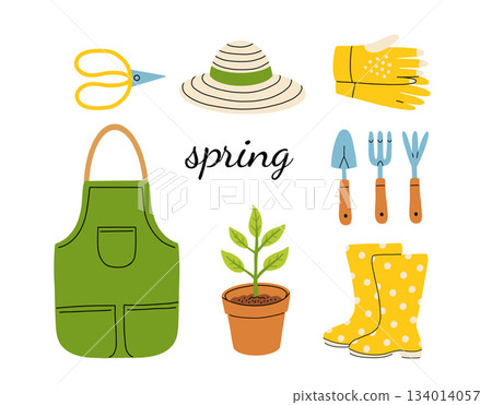 Set of gardening items in hand drawn cartoon style. Various agricultural and garden tools for spring work. Growing plants, flowers and herbs, seedling. Vector clip art illustration. 134014057